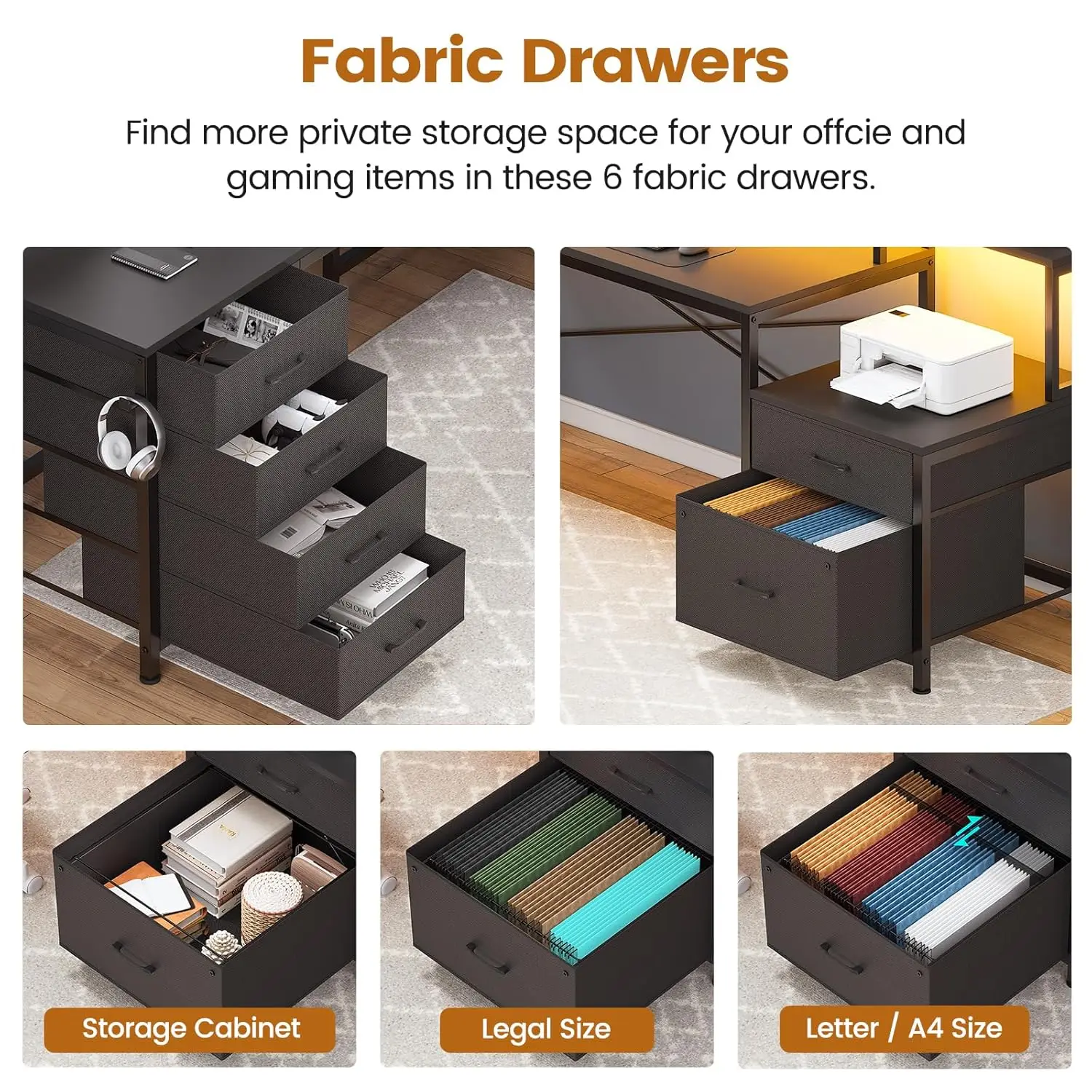 L Shaped Desk with 6 Drawer, 108" Home Office Desk with File Drawer & Power Outlet, Corner Computer Desk with Monitor Shelf, Fil