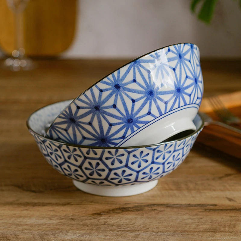 7.68 Inch Blue Ceramic Bowl Ramen Noodle Bowl Big Soup Salad Mixing Bowl Floral Design Microwave Safe 1000ml