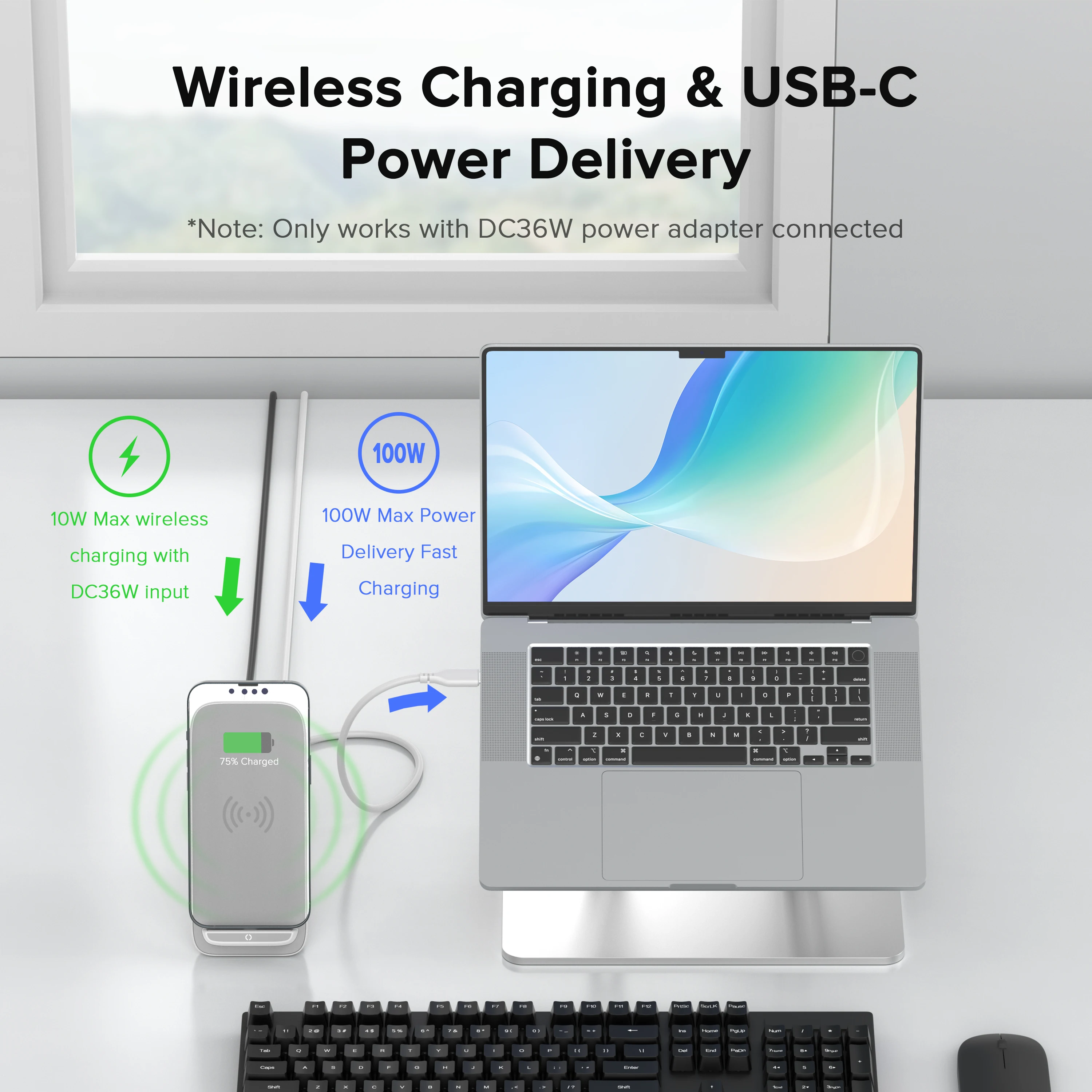 PULWTOP 8-IN-1 Laptop Docking Station, 10W Max Wireless Charging Pad, 4K@60Hz HDMI Display ,5 USB Ports PD100W RJ45, 36W DC