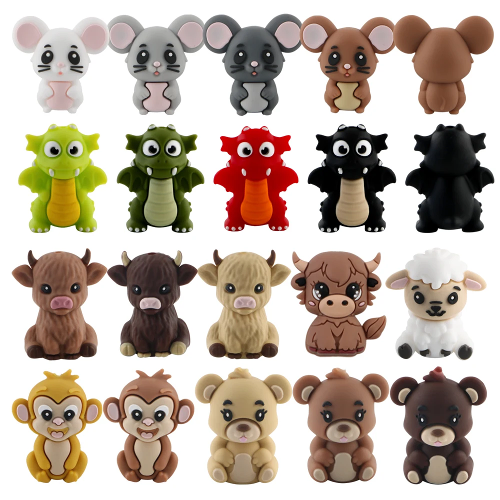 5Pcs New 3D Focal Silicone Beads Dinosaur Cow Monkey Bead For Jewelry Making DIY Keychain Necklace Bracelet Accessories