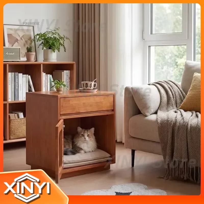 Modern Nightstand Bedside Table with Cat Cave Pet Bed Integrated Design for Solid Wood Furniture Bedroom Essential Home Decor