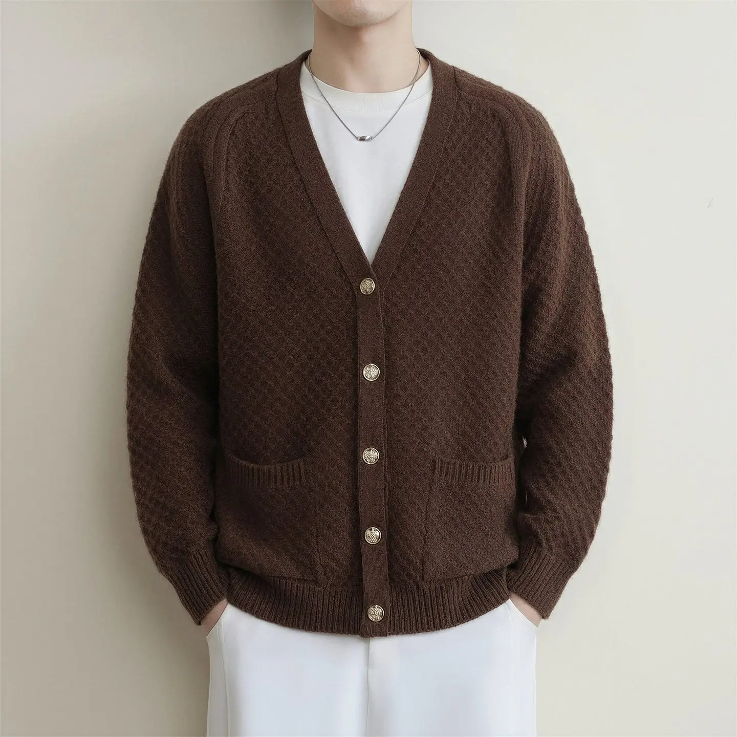 Hot Selling Men's Knitted Cardigan, Autumn and Winter Thick V-neck Sweater Jacket, Men's Solid Color Outerwear
