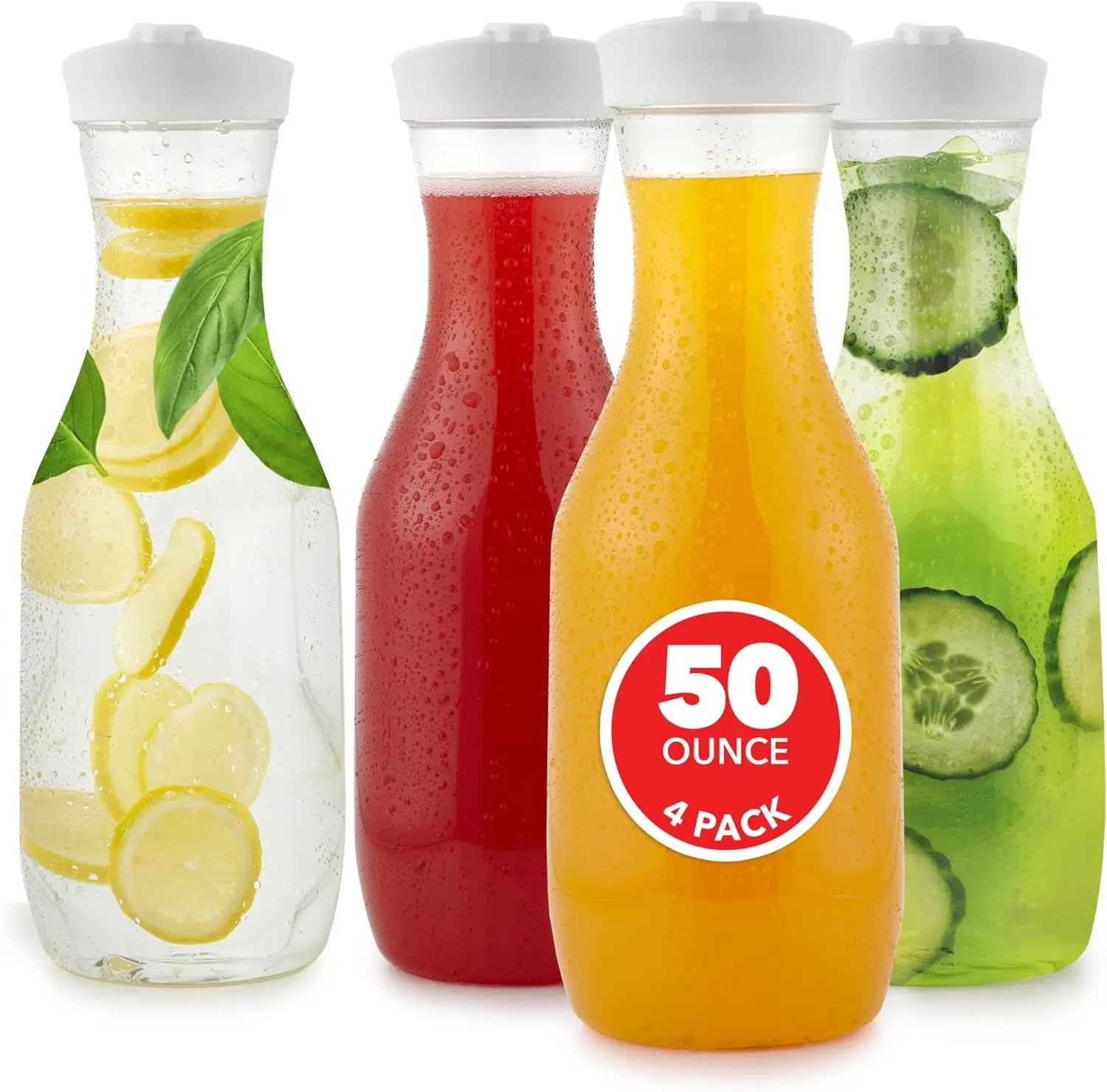 

Plastic Juice Carafe with Lids Set of 4 50 oz Drink Pitcher for Mimosa Bar, Water Bottle, Milk Container for Fridge and Pantry
