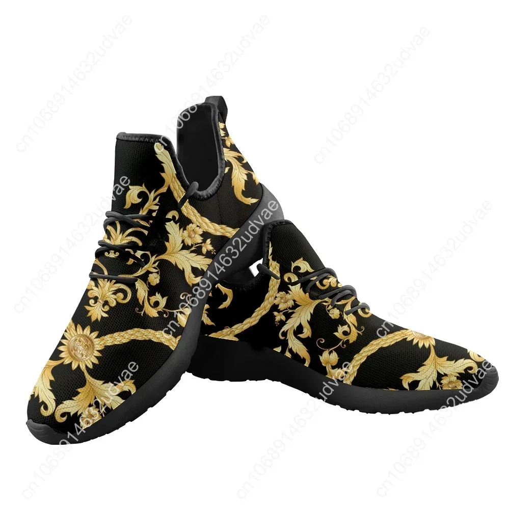 Luxury Golden Europe Floral Women Shoes Flats Sneakers Casual Baroque Design Lace Up Walking For Youth Girls Unisex