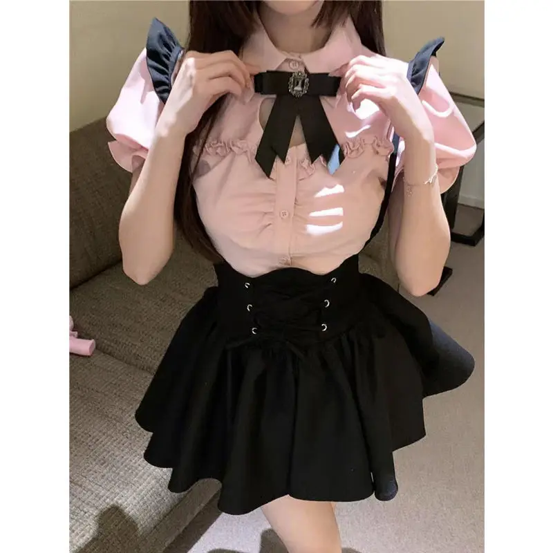 Sweet And Spicy Strap Dress For Women 2023 Summer New Pink Bubble Short Sleeve Shirt Hot Girl Two Piece Set