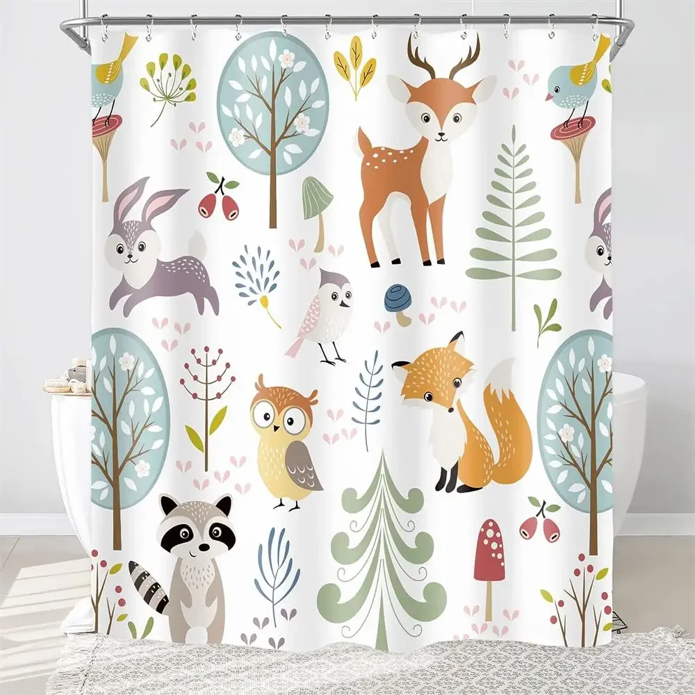 Boho Cartoon Woodland Animal Rainbow Floral Print Shower Curtain Waterproof Mildew Resistant Polyester Fabric With Plastic Hooks