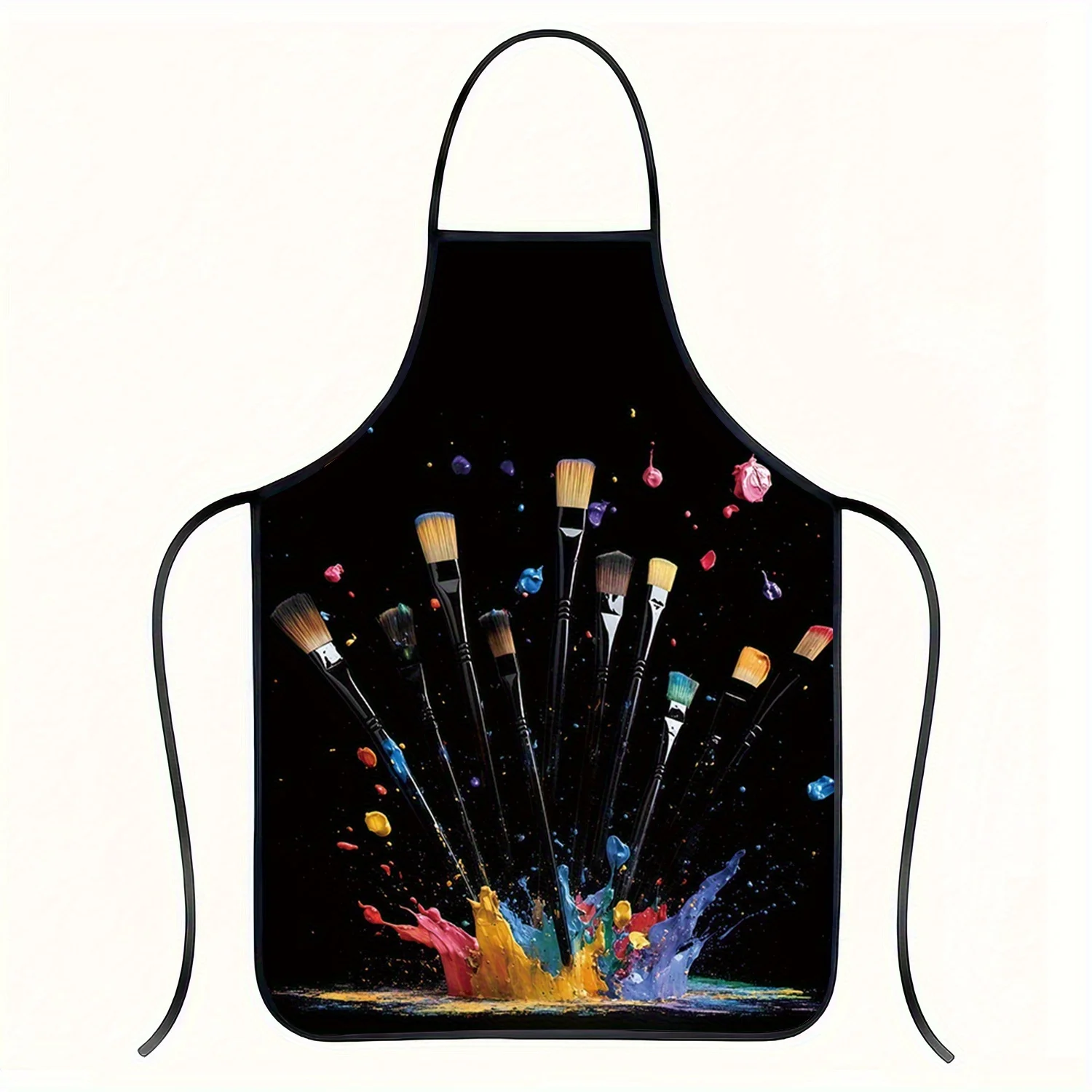 1pc Vibrant Splatter Paint Brush Print Apron - Thick Polyester, Black with Colorful Brush Strokes Design, Perfect for Cooking, B