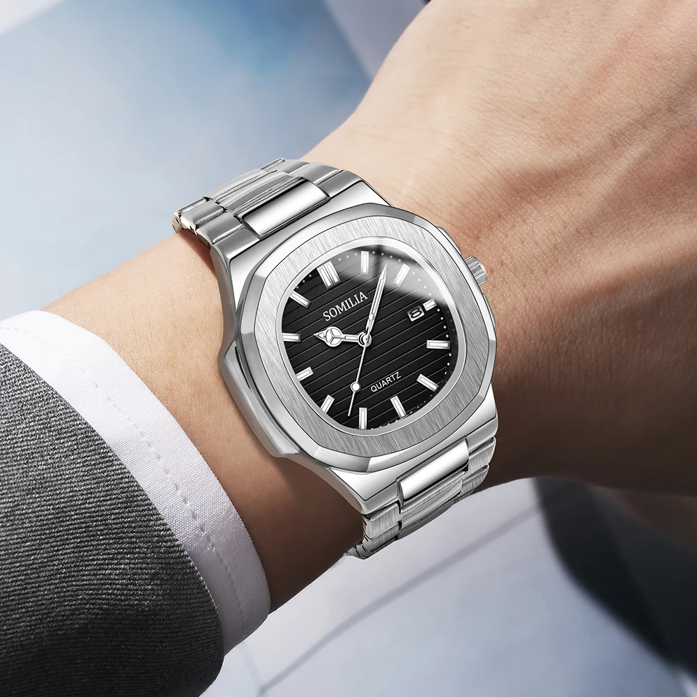 SOMILIA 2310 Reloj de lujo para hombre, resistente al agua, con luz nocturna, reloj de acero inoxidable para hombre, reloj informal de cuarzo para hombre, reloj para hombre