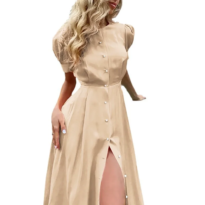 2025 primavera de las mujeres nuevo Color sólido elegante camisa de cintura alta vestido con abertura Sexy C001