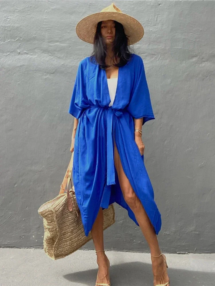 2025 nuevo vestido playero liso para mujer, vestido largo de playa con cordones de talla grande, moda de verano, ropa de playa para vacaciones para mujer