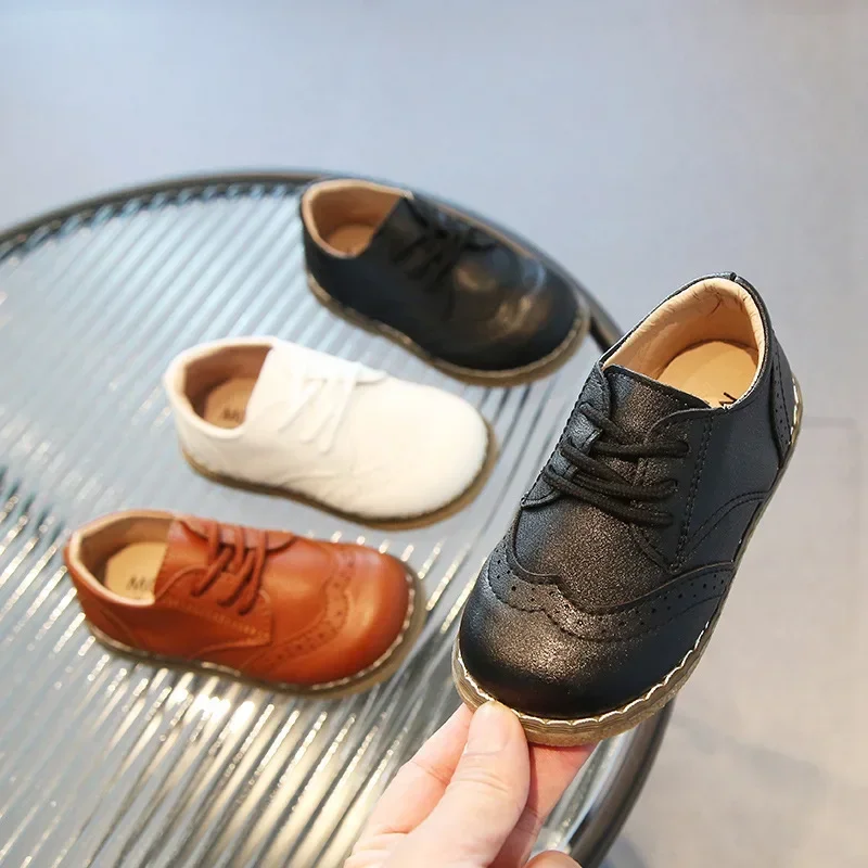 Boys Leather Shoes 2024 Spring Autumn Children Oxfords Brogue Style Casual Shoes Fashion Lace-up Shoes For Boy Brown, Black