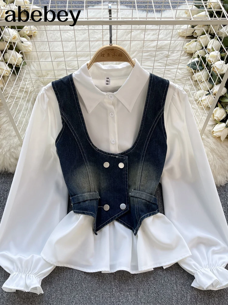 Women Vintage Lapel Puff Sleeve Short Shirts Shirts Korean Version Denim Vests Two Piece Set Spring Summer 2024