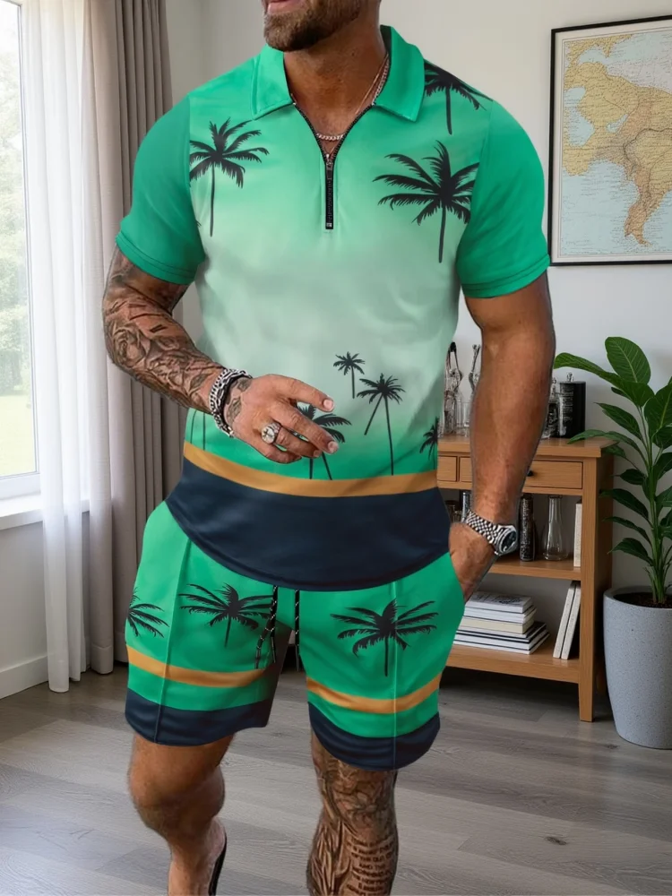 

Men's Palm Tree Print Two Piece Set Gradient Orange Zip Polo Shirt & Drawstring Shorts Summer Vacation Beach Outfit Streetwear