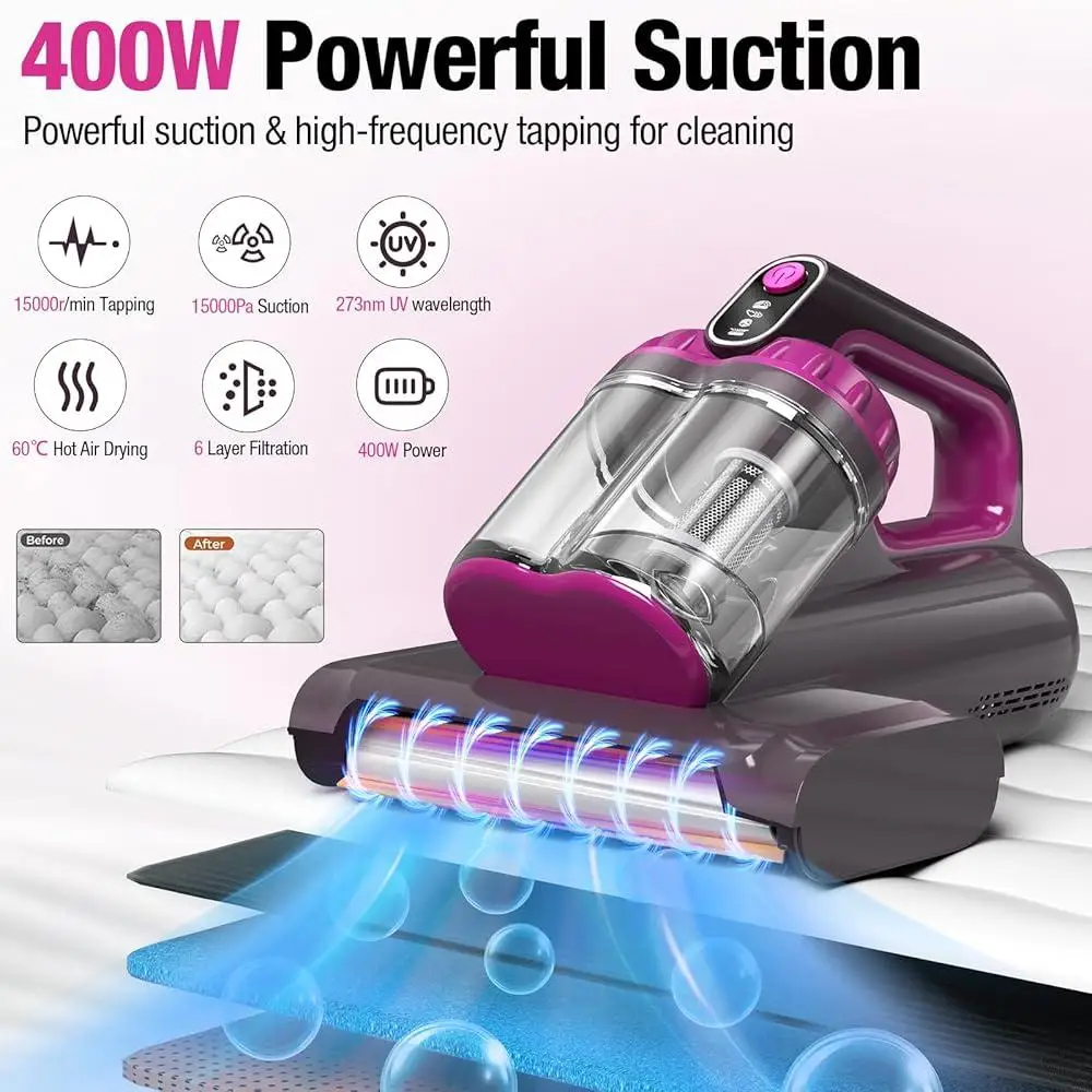 Mattress Vacuum Cleaner 15Kpa Suction UV-C Light Ultrasonic Heating 400W Handheld High-Efficiency Dual-Cyclone HEPA Filter