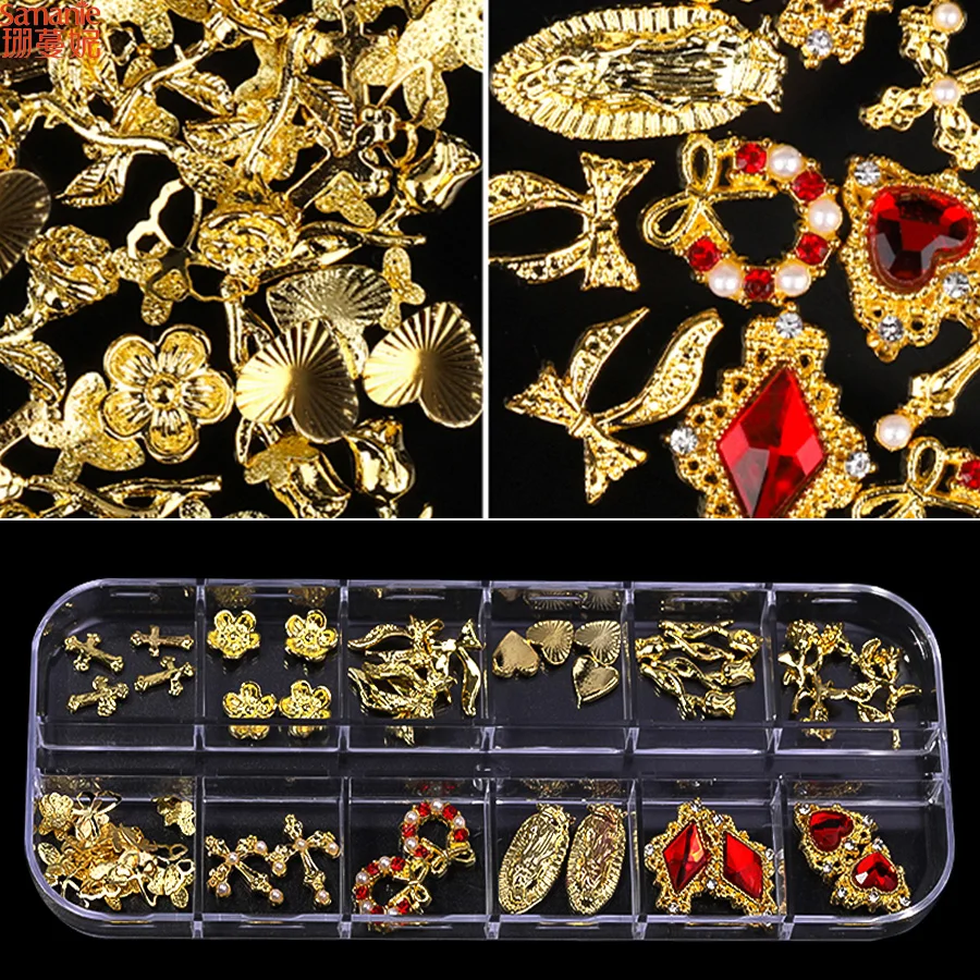 Mixed Metal Nail Charms Rhinestone Kit, Gold 3D Nail Ornaments Cross Butterfly Heart Star Beads with Tweezers & Wax Pen