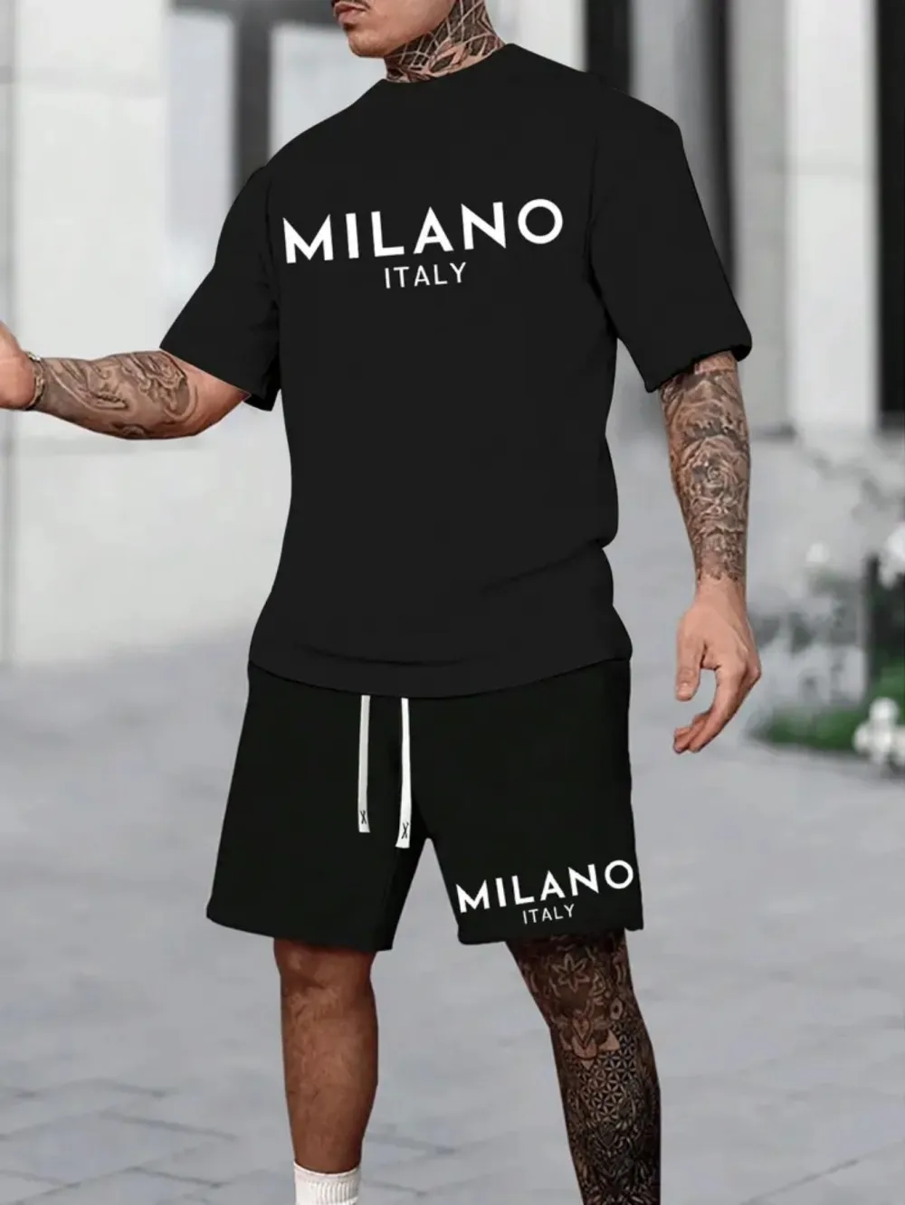 

Men's Summer Italian Letter Printed Comfortable Breathable Round Neck T-shirt Drawstring Shorts Set Outdoor Casual Clothing