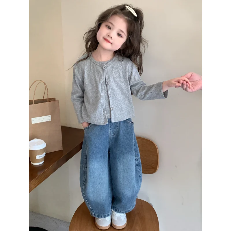 

Girls Suit2025Spring and Autumn New Fashionable Children's Korean Style Cardigan Vest Jeans Baby Girl Three-Piece Set