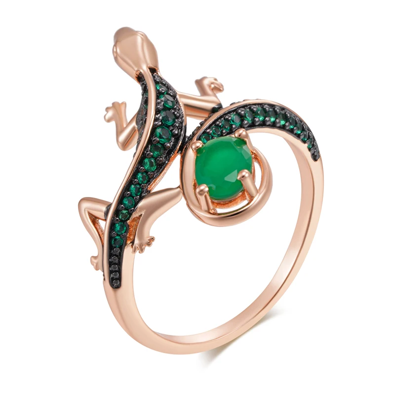 Kinel Hot Punk Green Natural Zircon Lizard Ring for Women 585 Rose Gold and Black Plating Vintage Animal Daily Fine Jewelry