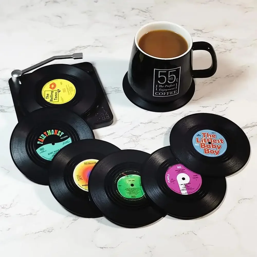 Newest 6pcs Record Cup Mat Plastic Retro Vinyl Anti-slip Coffee Coasters Heat Resistant Music Drink Mug Mat Table Placemat Decor