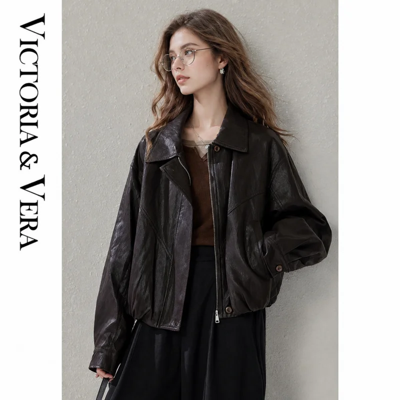 Dark Brown Retro Faux Leather Jacket, Oversized Lapel Collar Cropped Bomber Coat, Casual Streetwear For Women
