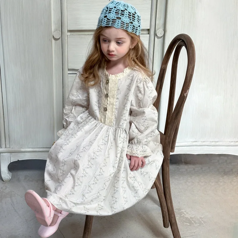 Korea Fashion Girls Floral Dress Lace O-neck Patch Shell Button A-Line Cotton Dresses 2-6Y Children Spring Autumn Soft Dress