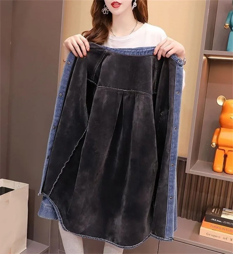 

Autumn Winter Female Add Velvet Warm Denim Shirt Lazy Wind Women Long Sleeves Jeans Jacket Ladies Loose Cowboy Cardigan Blouse