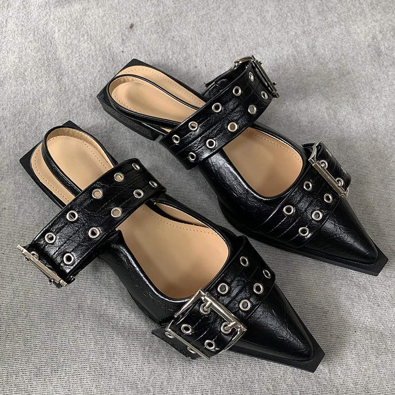 Roman Female Shoes Elegant Low Heels Sandals Women Slides Beach Shallow Black Mules Pointed Toe Ladies Sandals  Big Size