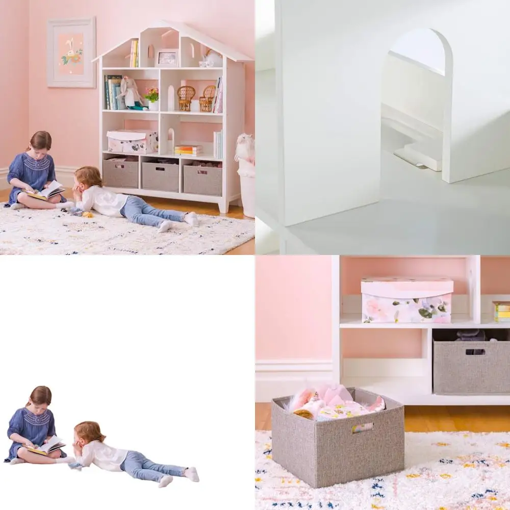 خزانة كتب خشبية بيضاء من الكتان: تخزين فاخر على طراز بيت الدمى لكتب الأطفال والألعاب |   مثالية لتنظيم كتب الأطفال الصغار وP
