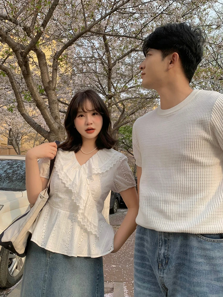 

Sweet Sle Кружева с вырезами ort Sve irt Женский корейский дышащий хлопковый повседневный топ больших размеров с цветочной отделкой