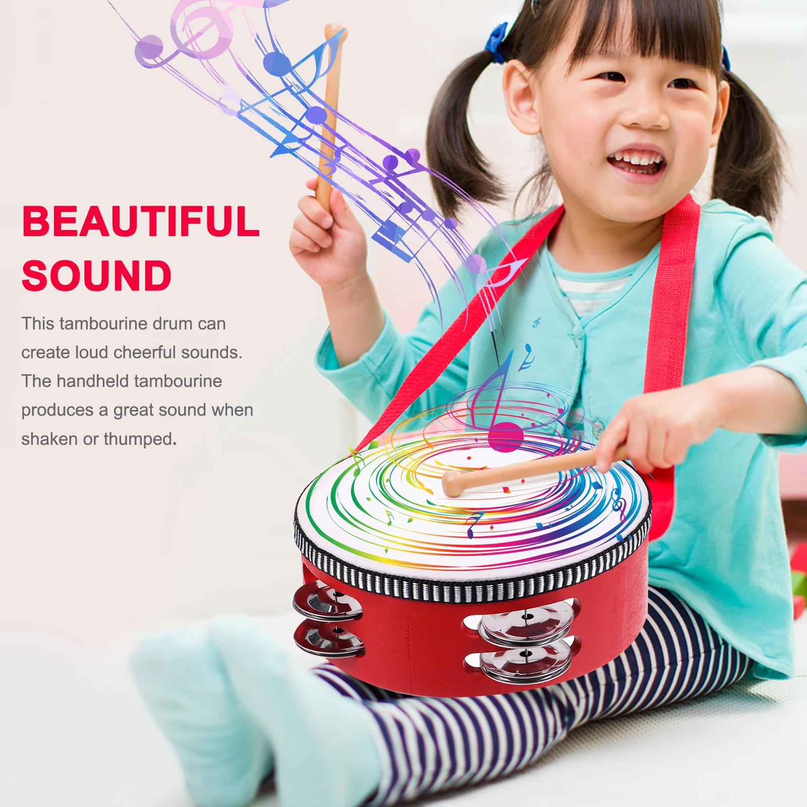 

2 Pcs Jingle Tambourine Toys Kids Music Education Percussion Row Red Wood Handheld