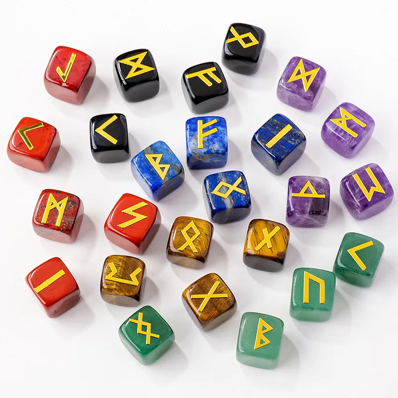 24 natural crystal squares. Rune letter pattern. Semi-precious stone energy symbol decoration. Obsidian, pink crystal, lapis laz