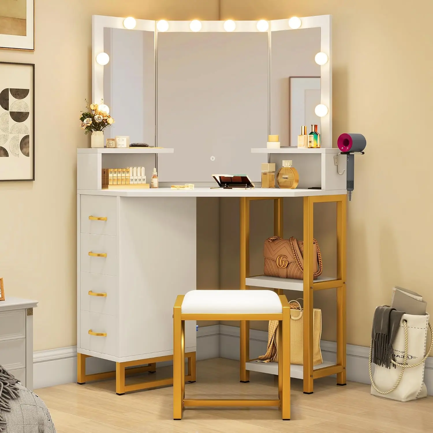 Vanity Desk with Lights, Corner Vanity with Power Outlet, Makeup Table Set with 4 Drawer, Stool, 3 Color Modes & Adjustable