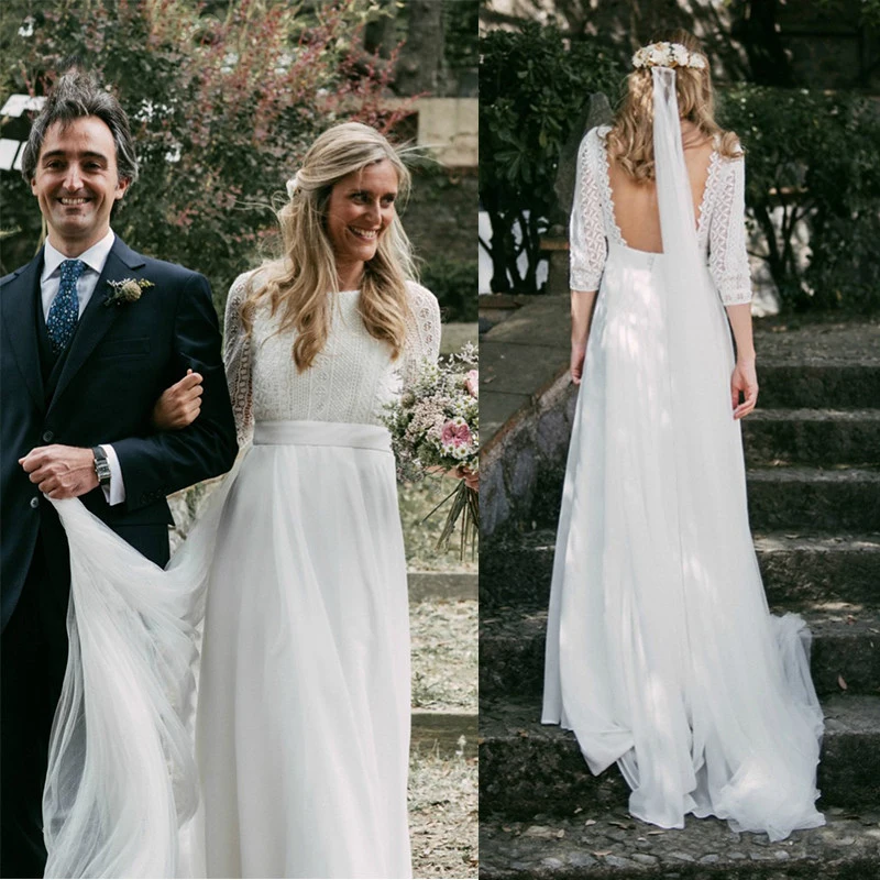 3/4 كم فستان الزفاف الشيفون للعرائس 2026 الدانتيل عارية الذراعين بوهو أنيقة زي العرائس البوهيمي رداء حفلات الزفاف