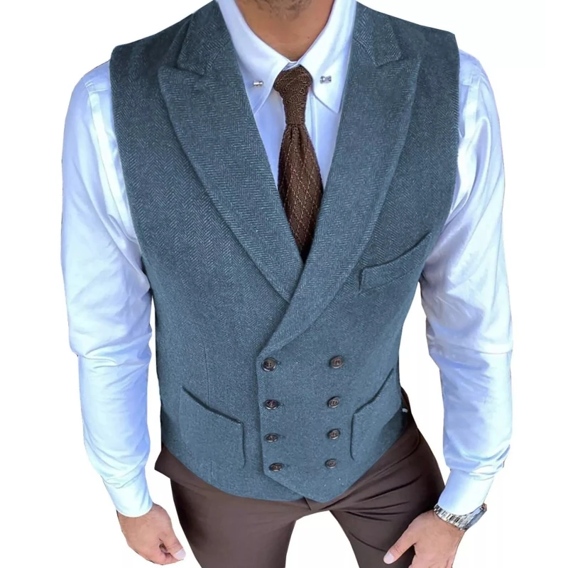 Men Vest Light Blue Elegant Herringbone Waistcoat Stand Collar For Wedding Business Banquet Work Set Men Suit Vest