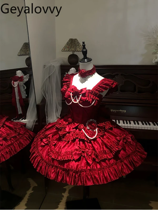 

Красное готическое розовое платье Лолиты с высокой талией и бантом Jsk, элегантное утягивающее платье с милыми летящими рукавами, вечерние платья принцессы