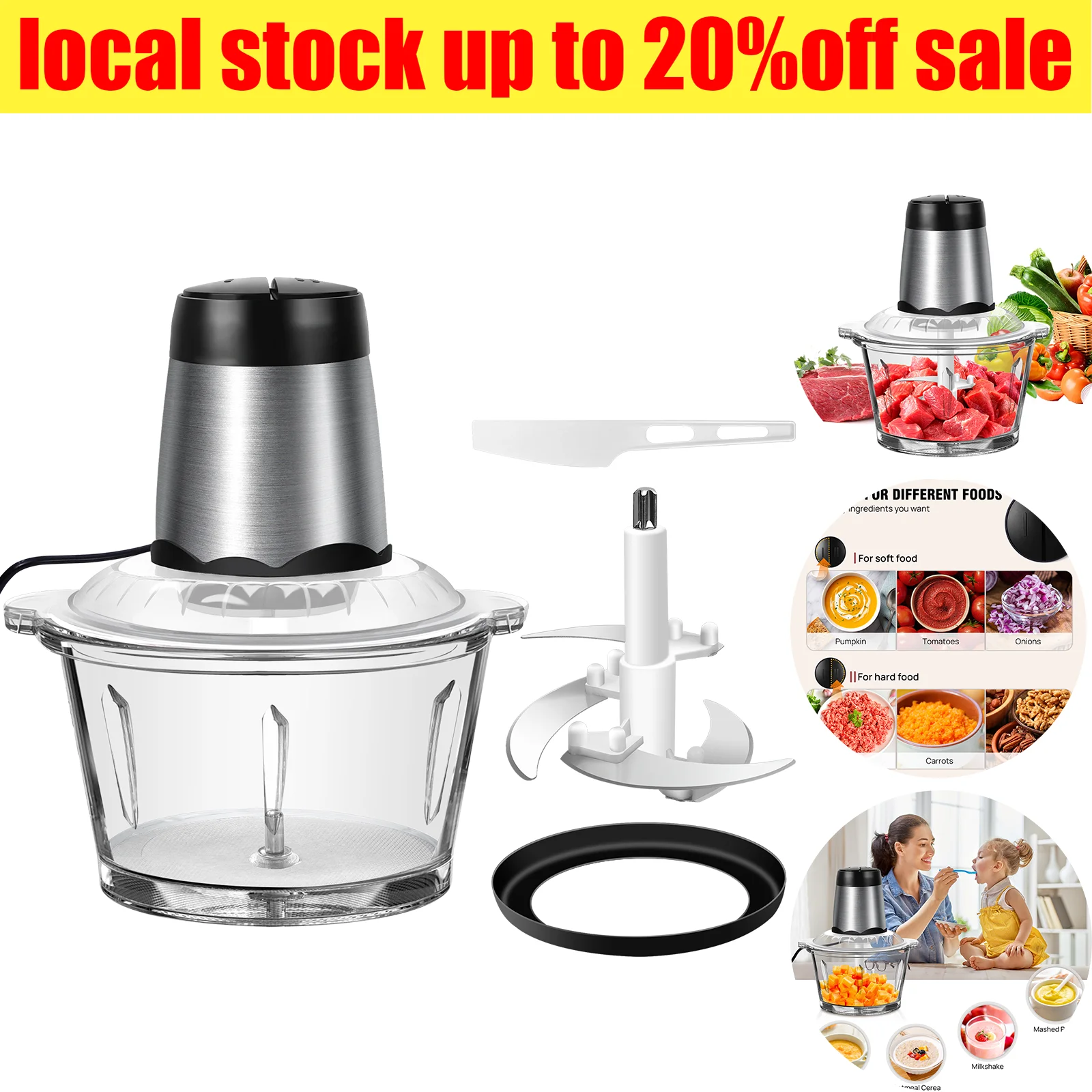 Tritacarne Automatico da 2L, Tritatutto per Carne e Verdure con Due Velocità e Base Antiscivolo