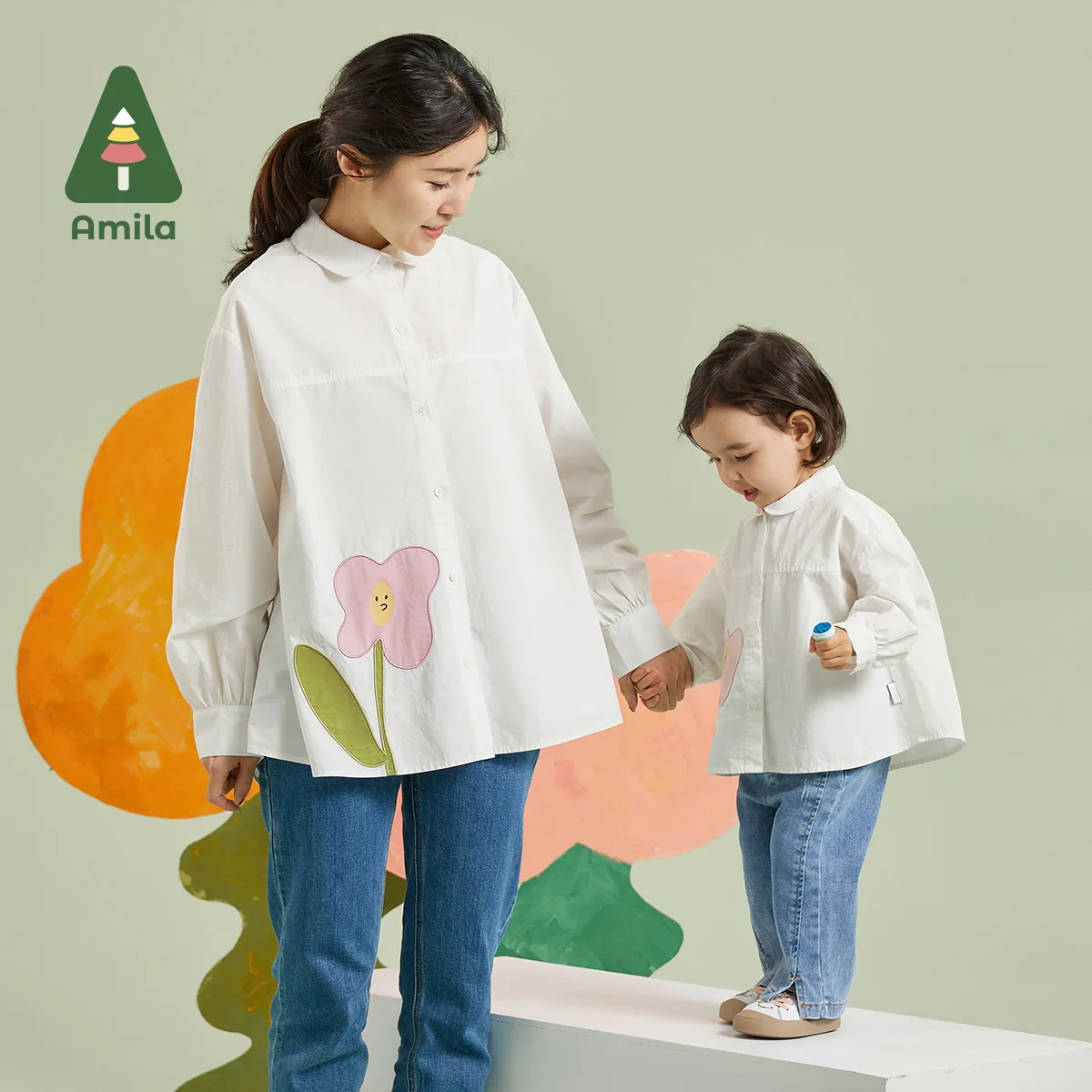 Amila Mother-Daughter Clothing Autumn New 2023 A-Type Version 100% Cotton Breathable And Soft Fashion Versatile Embroider Shirt