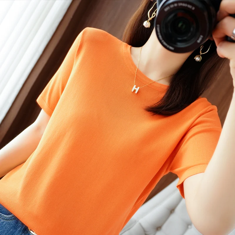 

2024 Summer New Knitted Bottoming Shirt Camellia Solid Color Shoulder Short Sleeve T-shirt Women's Slim And Slim Top