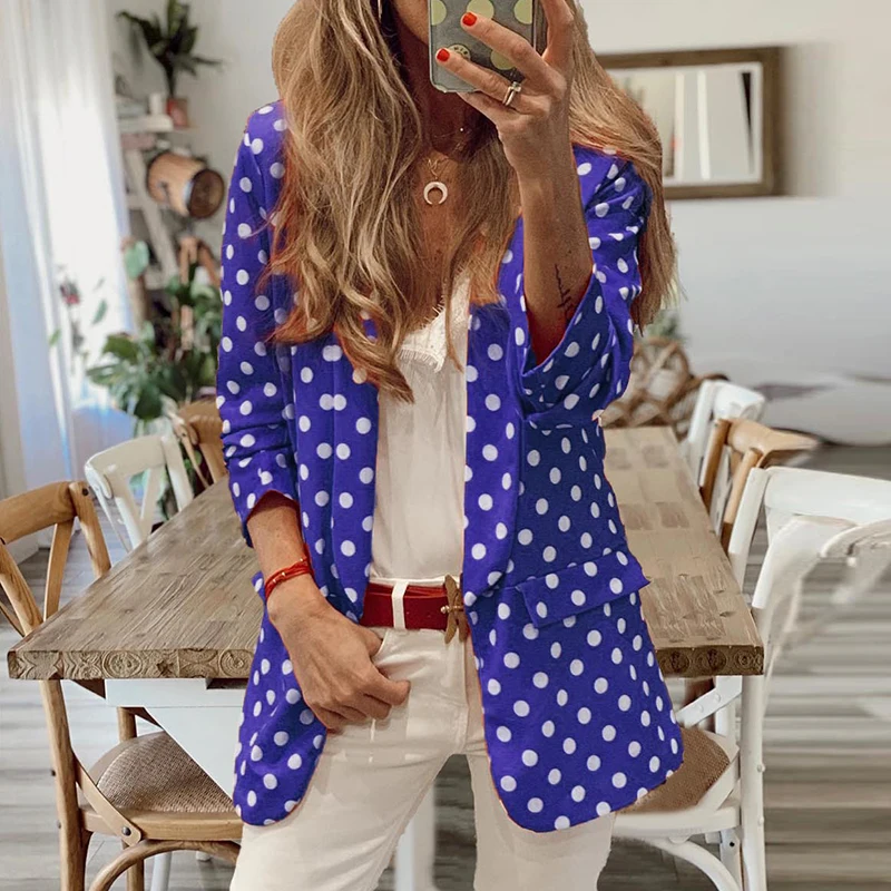 

Fashion Temperament High Street Blazer Coats New Autumn Polka Dot Printed Long Sleeved Jackets Office Lady Lapel Slim Cardigan