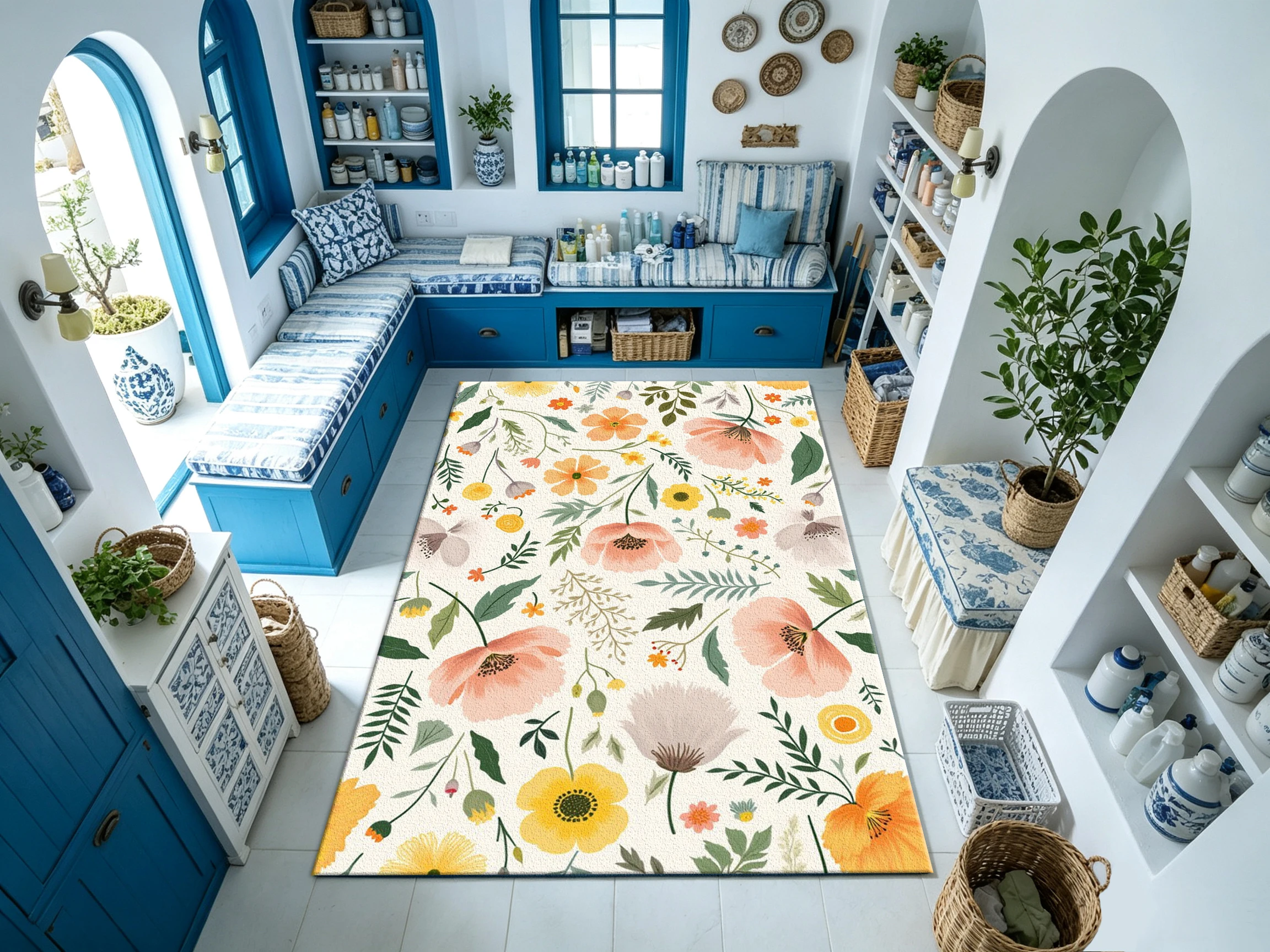 Bohemian Style Fresh Poppy Floral Carpet, Plant Seamless Pattern Home Carpet, Suitable for Living Room Bedroom Interior Decoration