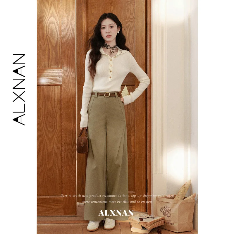 ALXNAN Coffee Pants High Waist Straight Wide Leg Draped Pants Vintage Elegant Casual Female Clothing 2026 New Fall L67629