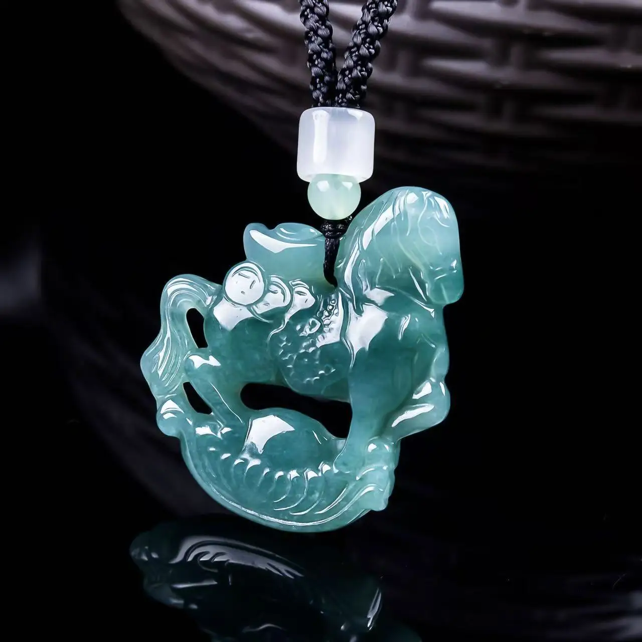 Natural A-grade Jade Blue Water Gold Ingot Horse Brand Ice Type Zodiac Horse Jadeite Men's And Women's Jade Pendant Necklace