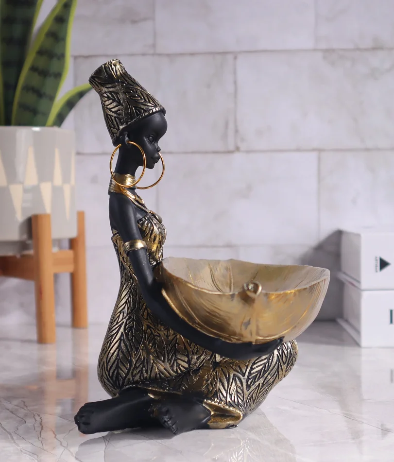 African Girl Holding a Plate Sculpture, Home and Office Decorative Storage Ornament