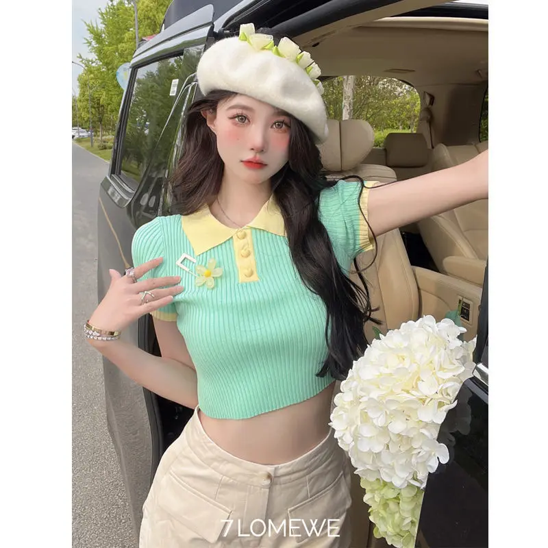 Pure Desire Polo Shirt Women Knitted Love Button Flower Short-sleeved T-shirt 2022 New Women's Summer Short Hot Girl Top