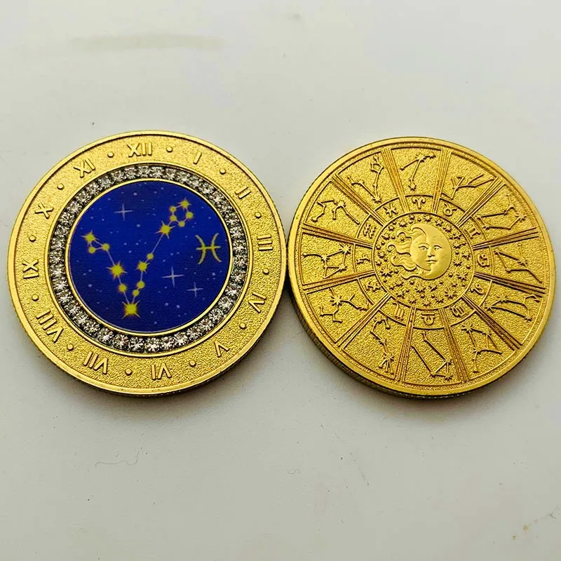 Twelve Constellations Gold Plated Zodiac Coins Set With Rhinestones Crafts For Collectible Souvenir Coin