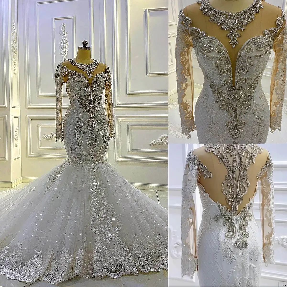 Plus Size Luxury Mermaid Wedding Dress Crystal Pearls Appliques O Neck Bride Gown Beaded Sweep Train Tulle Bridal Dresses Custom