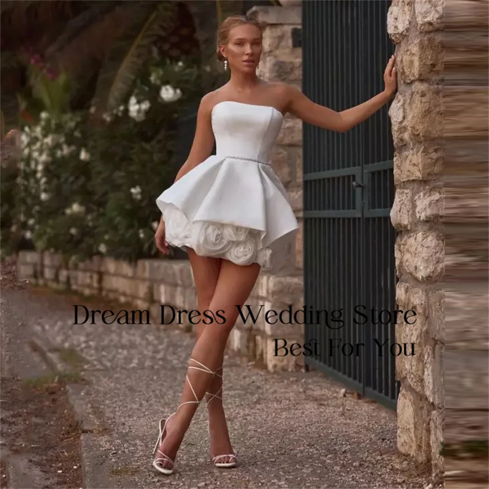 DREAM Strapless Flowers Short Wedding Dress A-Line Pleat Open Back Lace-up Above-Knee Bridal Gown Vestido De Noiva Customized