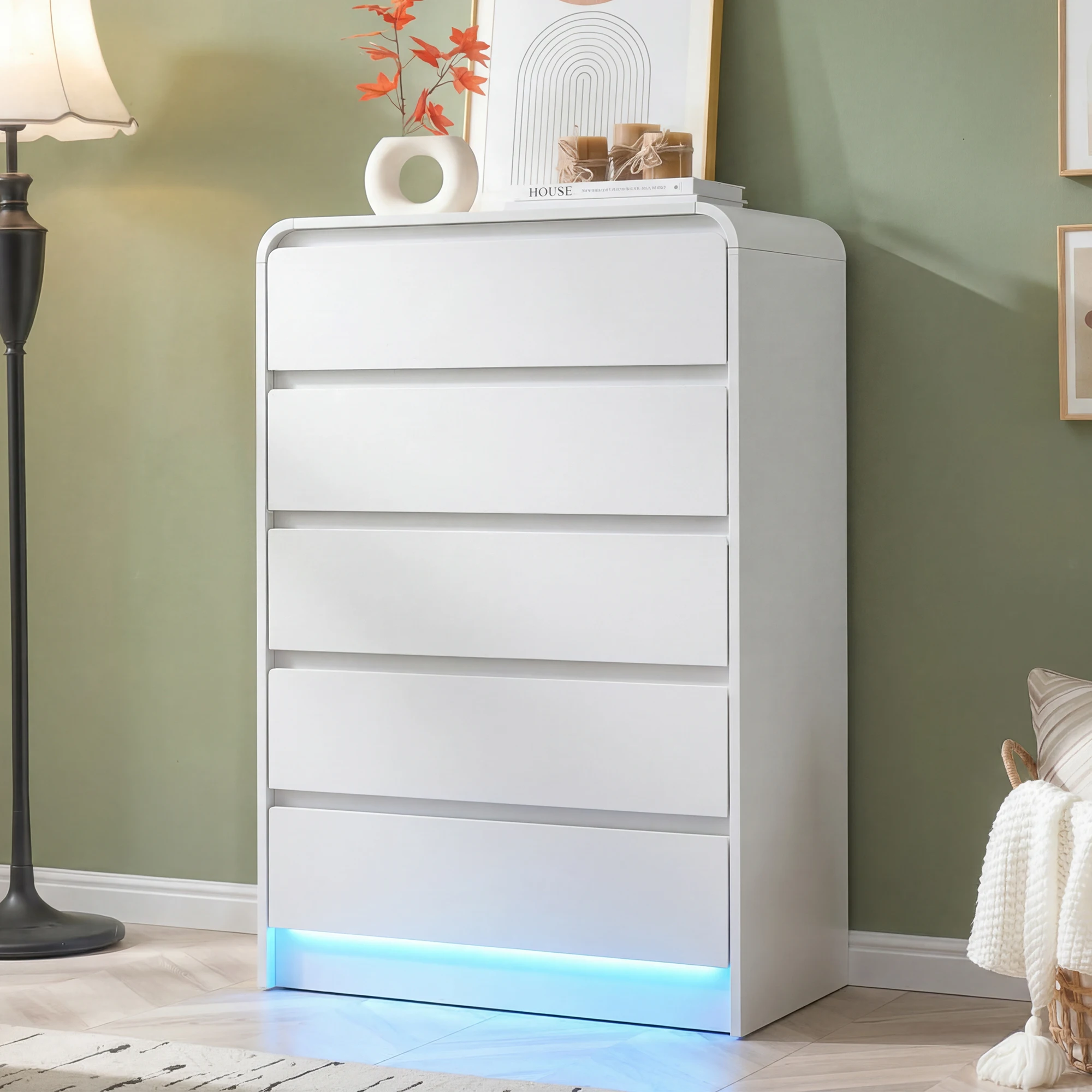 Commode Fangange avec 5 tiroirs, buffet, design minimaliste sans poignées, 73L x 40P x 110H cm, armoire de rangement pour chambre à coucher