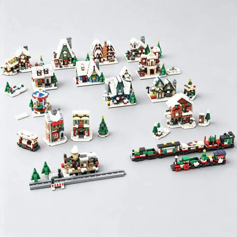 4853PCS Set Of 15 Mini Winter Village Collection Snowy House Christmas Tree Train Building Blocks Model DIY Assembly Decor Gift
