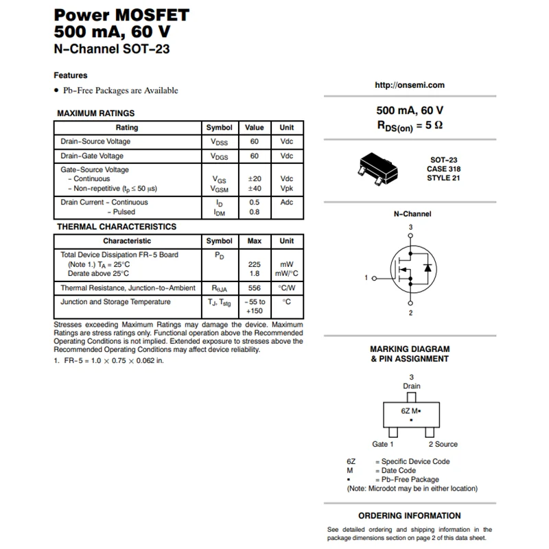 50PCS MMBF170  MMBF170LT1G   MMBF170LT1  6Z   N-Channel MOSFET, 60V, 500mA SOT23